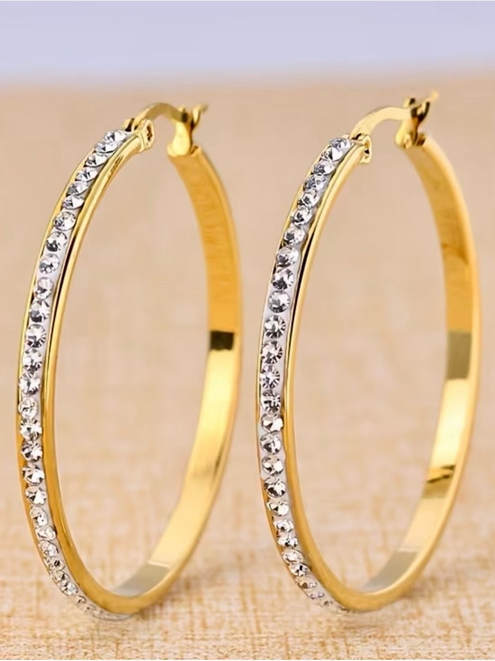 Gold Crystal Stainless Steel Hoop Earrings